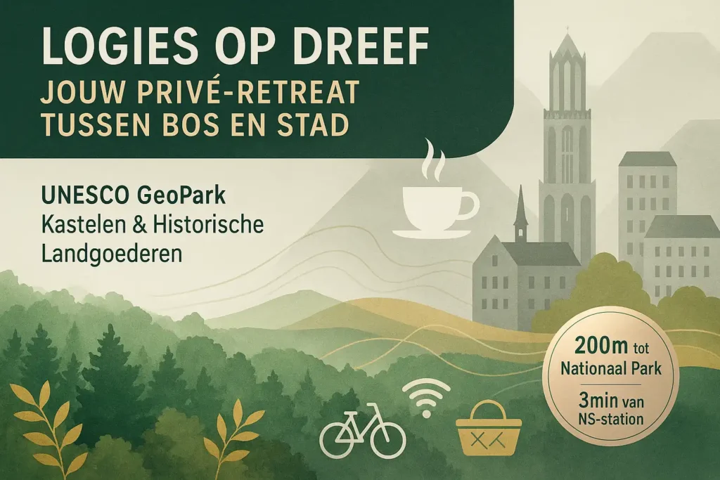 Logies op Dreef in bosrijke omgeving, met iconen van koffie, fiets en Unesco GeoPark in Driebergen-Rijsenburg dichtbij Utrecht.
