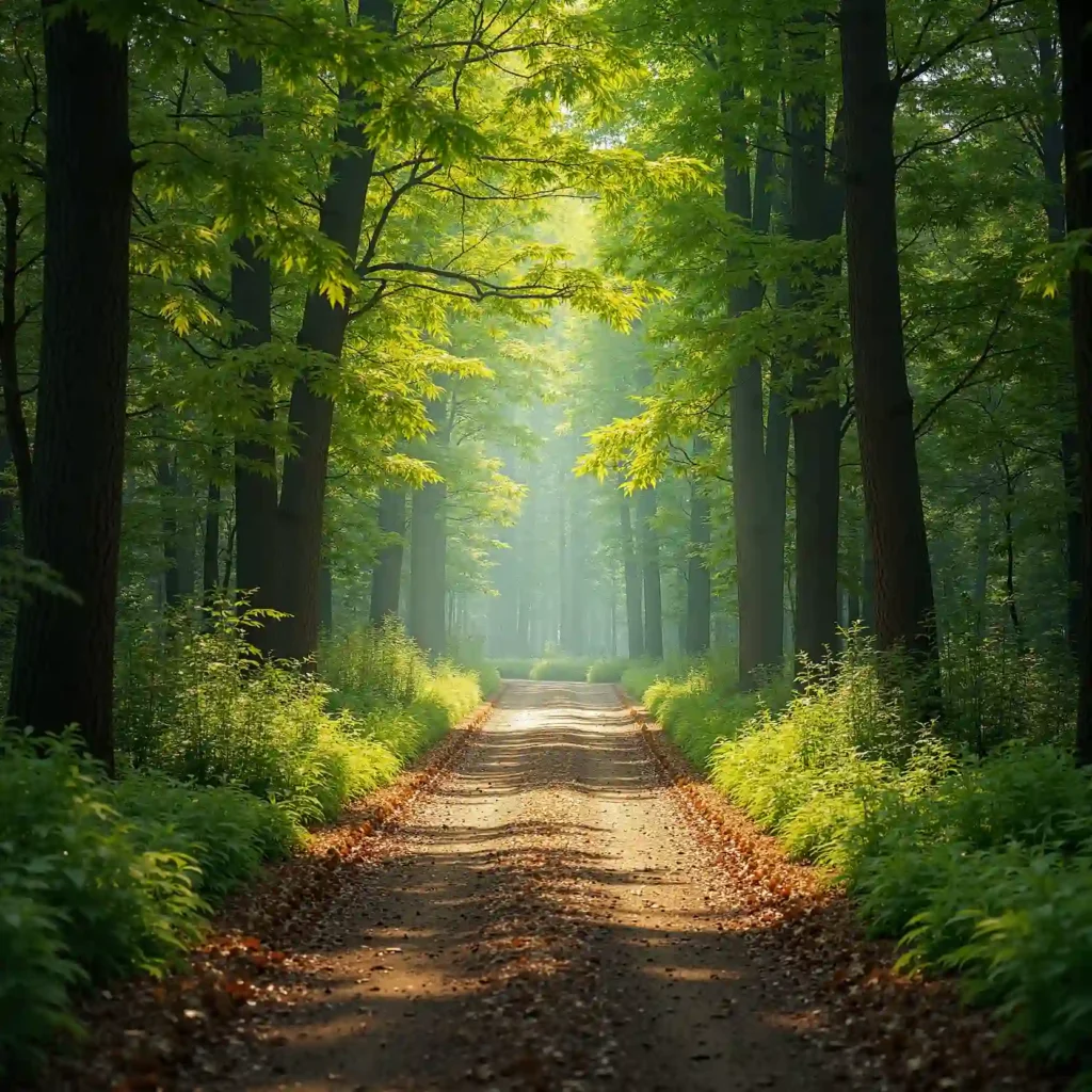 Bospad omringd door groene bomen in de Utrechtse Heuvelrug, een rustige ontsnapping dichtbij Logies op Dreef.