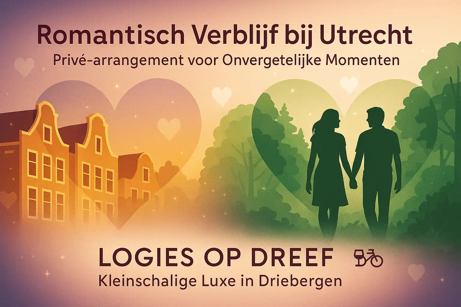 Romantisch verblijf bij Utrecht met silhouet van koppel in bosomgeving, promotie voor Logies op Dreef.