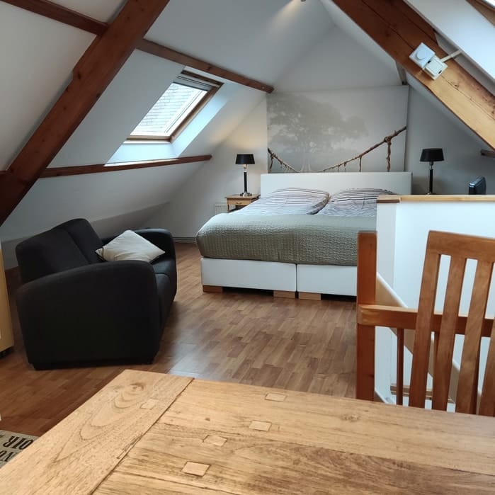 ruime-kamer-boven-bed Ruime studio boven met eettafel en zithoek