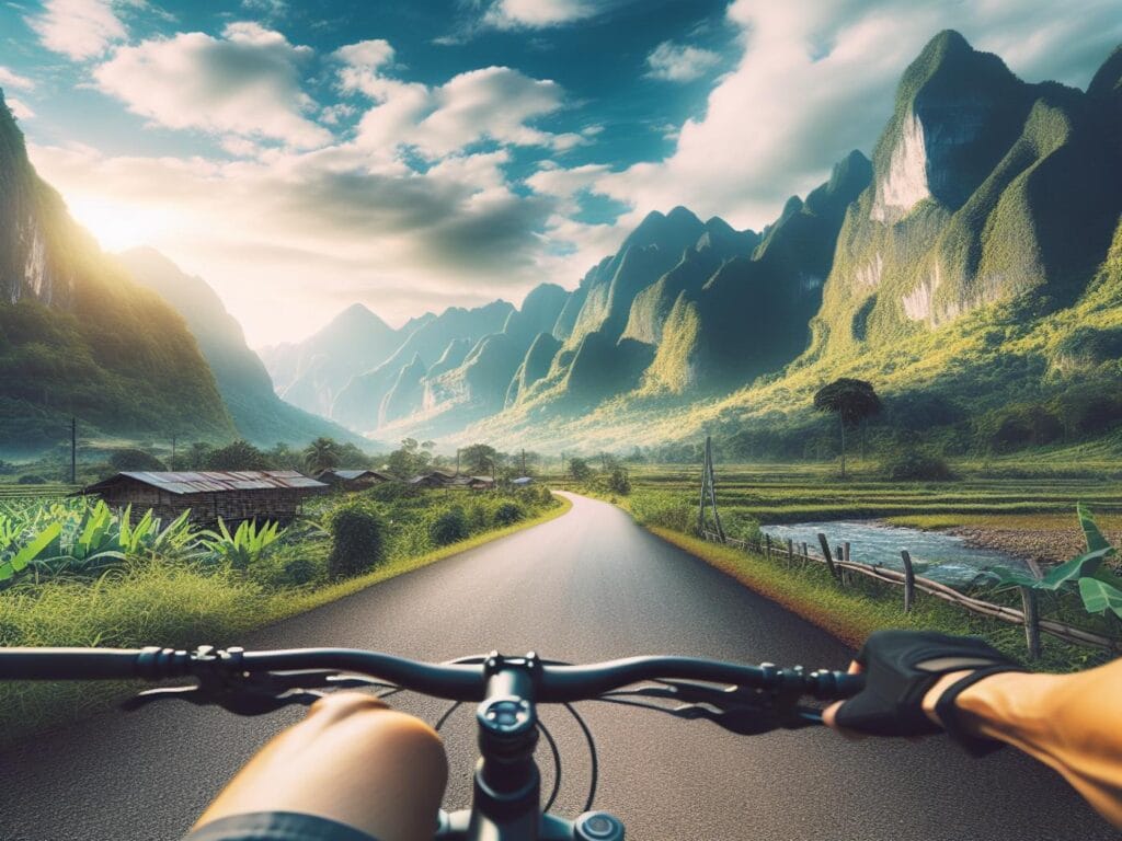 Fietser op landelijke route door bergachtig landschap bij zonsopgang, ideaal voor wandel- en fietsavonturen.