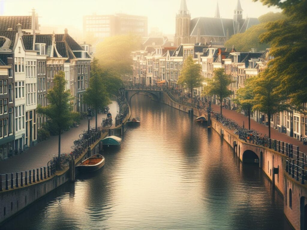 Utrechtse grachten bij zonsopgang, omgeven door historische gebouwen en bomen, ideaal voor een romantisch verblijf dichtbij Driebergen.